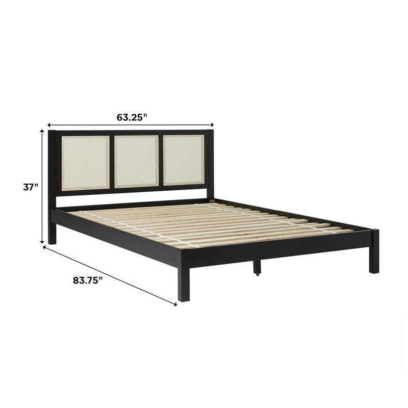 Solid Wood Rattan Paneled Platform Queen Bed - Black