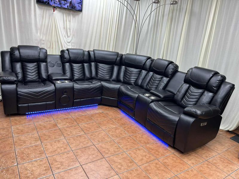 Power Reclining Sectional with Bluetooth Speakers and LED Lights - Leather Gel
