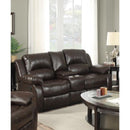 Happy Homes Reclining Leather Loveseat with Console 10100 Reclining Loveseat - Brown IMAGE 1
