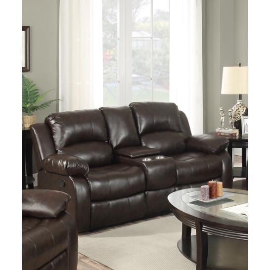 Happy Homes Reclining Leather Loveseat with Console 10100 Reclining Loveseat - Brown IMAGE 1