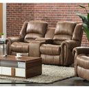 Happy Homes Rivercreek Reclining Fabric Loveseat with Console Rivercreek Reclining Loveseat - Brown IMAGE 1