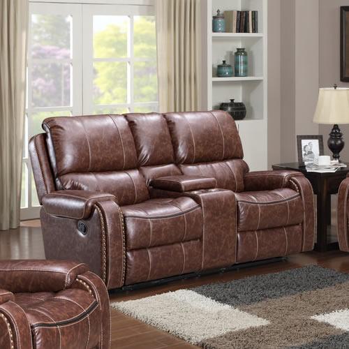 Happy Homes Santiago Reclining Leather Loveseat with Console Santiago Reclining Loveseat - Brown IMAGE 1