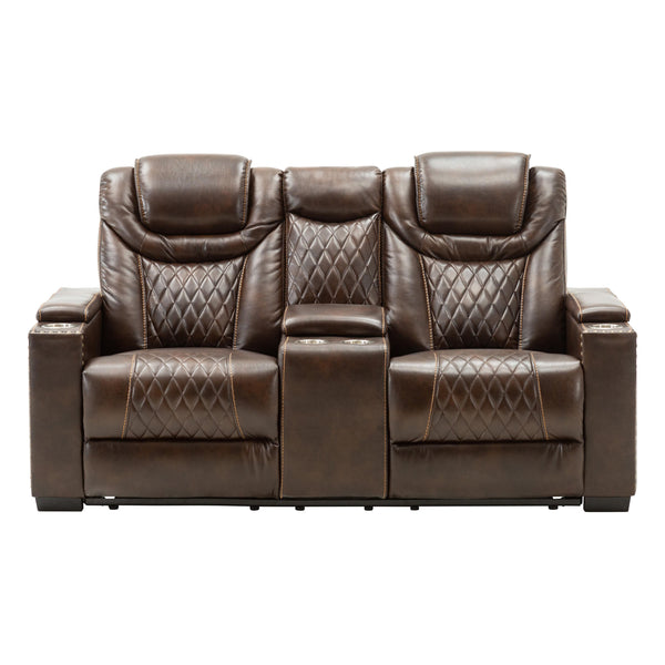 Happy Homes Echo Power Reclining Leather Look Loveseat with Console Echo - Brown IMAGE 1
