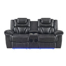 New Era Innovations Party Time Power Reclining Leather Look Loveseat with Console Party Time S2020 Power Reclining Loveseat - Grey IMAGE 1