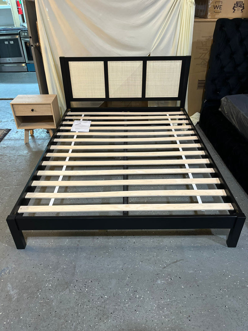 Solid Wood Rattan Paneled Platform Queen Bed - Black