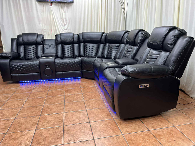 Power Reclining Sectional with Bluetooth Speakers and LED Lights - Leather Gel