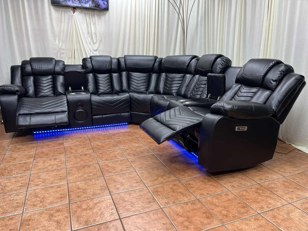 Power Reclining Sectional with Bluetooth Speakers and LED Lights - Leather Gel