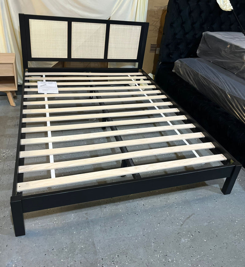 Solid Wood Rattan Paneled Platform Queen Bed - Black