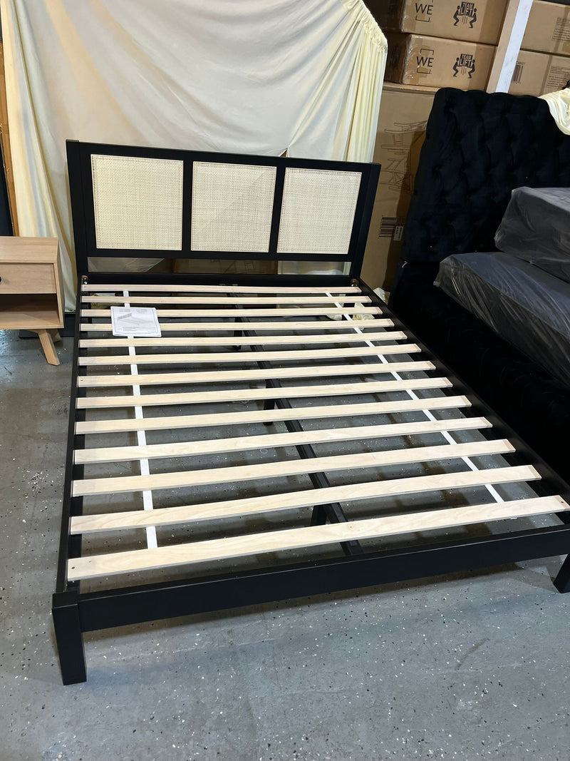 Solid Wood Rattan Paneled Platform Queen Bed - Black